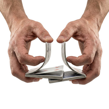 Hands performing a card riffle shuffle on transparent background
