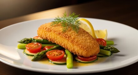 Gourmet Baked Fish with Asparagus and Tomatoes.