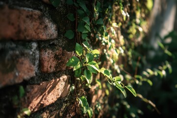 Vines reaching upward: ivy covering a textured brick wall
