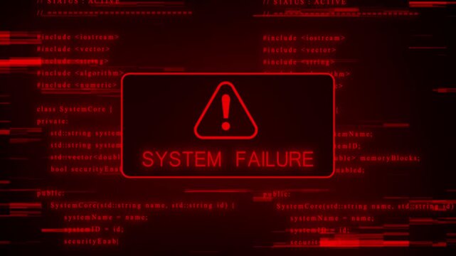 Intense red digital glitch effect on a dark background with C++ code and a stark red warning sign, symbolizing a critical system error or cybersecurity breach