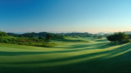 Obraz premium Sunlit morning on a Japanese golf fairway with green turf and horizon