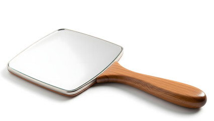 Elegant wooden hand mirror with a square glass surface, a classic beauty accessory for self-care and reflection, isolated on white