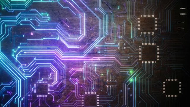 Ai productivity for freelancers glowing circuit board microchip traces neon glowing technology rustic wooden surface evokes creative electronics