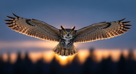 Owl in Flight at Sunset with Open Wings.