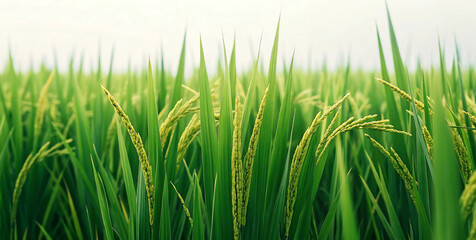 Fototapeta premium Lush Green Rice Paddy Field Close-up with Ripening Grains