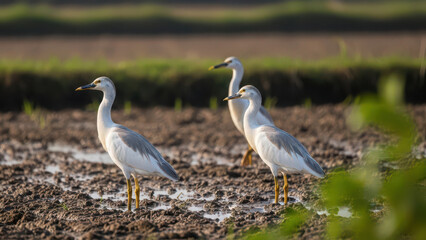 Three elegant white egrets standing in muddy field during sunrise, looking towards the camera.