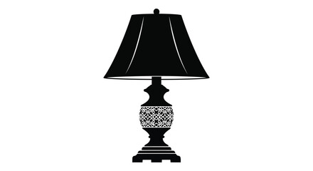 A classic table lamp displayed in a striking black and white illustration silhouette