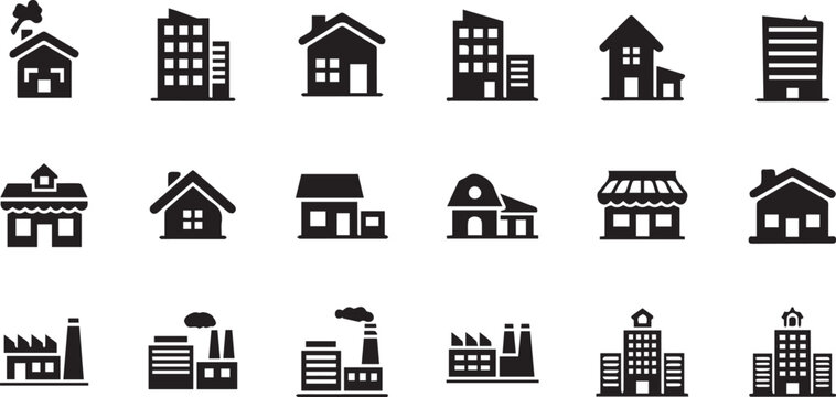 Collection of Black Building Icons. Vector set including house, apartment, office, store, and factory silhouettes. isolated PNG with Transparent Background