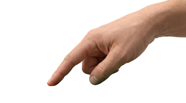 Male hand pointing with index finger on transparent background