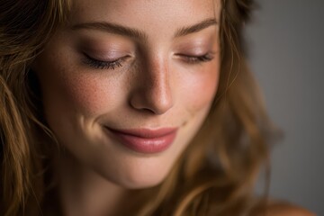 Obraz premium Studio portrait of a smiling woman with makeup, eyes closed, soft lighting and natural skin tones