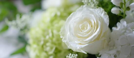 Close up of a white rose and other flowers in soft focus elegant floral design