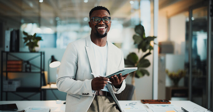 Portrait, smile or black man in office with tablet, about us or pride in accounting career. Confidence, bokeh or financial analyst in agency with tech, ambition or experience in risk management.
