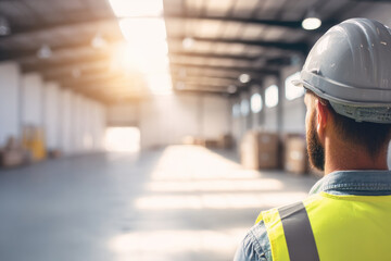 Sunlit warehouse hallway with construction worker in safety vest and helmet observing spacious interior, industrial setting with bright natural light and organized storage