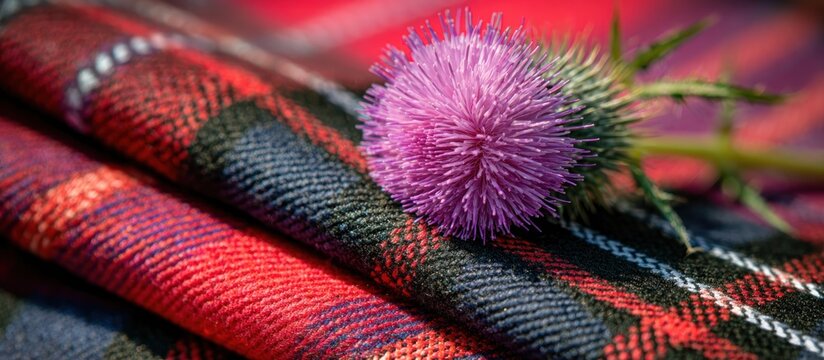 Close up of thistle flower and folded tartan cloth traditional scottish pattern