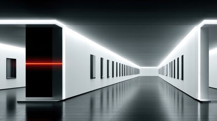 Modern minimalist corridor with glowing edges and red laser beam