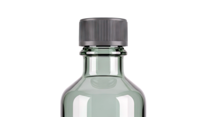 Close-up of a glass bottle with a ribbed dark gray cap