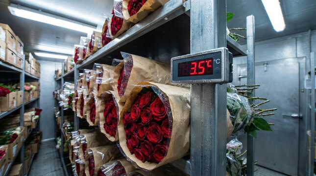 Wholesale red roses stored in cold storage warehouse shelves with digital temperature gauge visible