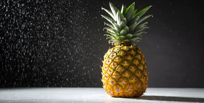 Fresh tropical pineapple with glistening water droplets against a dark backdrop - Powered by Adobe