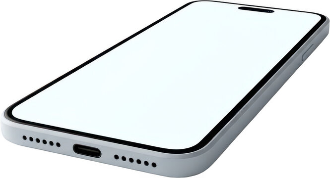 Modern silver smartphone with a blank white screen and USB C port visible on its edge mobile phone technology gadget digital communication device electronic blank screen sleek transparent background - Powered by Adobe