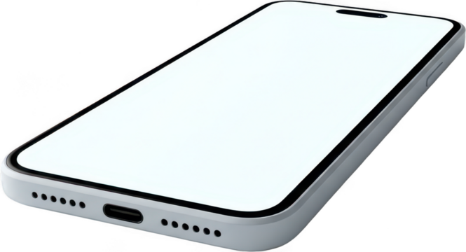 Modern silver smartphone with a blank white screen and USB C port visible on its edge mobile phone technology gadget digital communication device electronic blank screen sleek transparent background - Powered by Adobe
