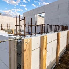 An unfinished white block wall foundation with wooden supports and protruding rebar under a partly cloudy sky