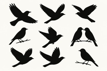 Obraz premium Silhouettes of several black birds in various poses flying, perched on branches, and in pairs on a white background.