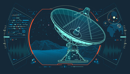 telecommunication technology, graphic of lined satellite dish with dotted wavelength and system interface © Jackie Niam