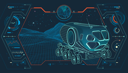 aerospace engineering or space expedition vihicle, lined graphic of planet surface exploration robot with futuristic autonomous system interface © Jackie Niam