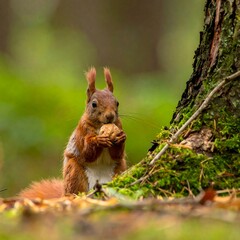 Obraz premium Alert red squirrel holds a nut near a mossy tree, forest backdrop
