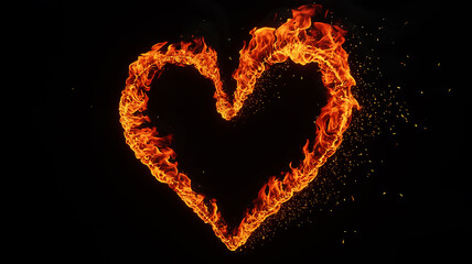 Fototapeta premium The passionate blaze of a heart-shaped fire illuminates the darkness with vibrant flames and sparks