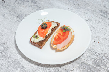 Two open-faced sandwiches with tomato and herbs on a white plate, minimalist presentation