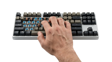 Hand replacing mechanical keyboard switches on transparent background