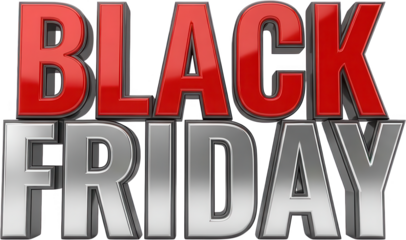 Shiny metallic 3D typography spelling out Black Friday with bold red and silver lettering creating a festive sales atmosphere text shopping discount promotion advertisement transparent background