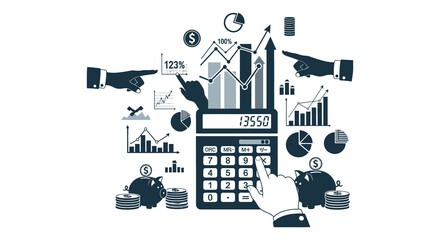 Financial growth and analysis depicted with charts calculators and pointing hands a striking silhouette