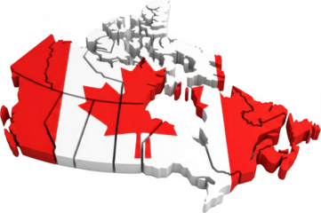 Three dimensional relief map of Canada displaying national flag colors red and white with prominent maple leaf emblem Canadian flag patriotism country north America geographic transparent background