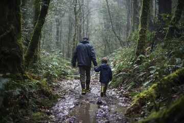 Rainy forest trail adventure: a father and son walking amid mossy trees and puddles