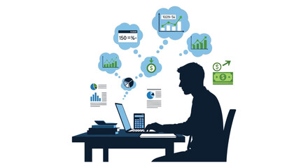 A person working on a laptop surrounded by financial and analytical data concepts silhouette