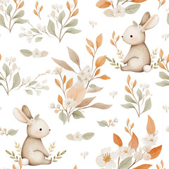 Easter seamless pattern design. Hand drawn vintage print with leaves and bunnies for fabrics, clothes, wallpaper, wrapping paper, baby's fashion