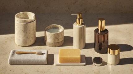 Naklejka premium Explore Home Routine With Clean Living Space Featuring Neutral Palette and Everyday Bathroom Items Arranged Neatly