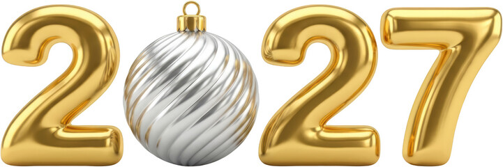 Golden 3D numbers 2027 with a silver and gold twisted Christmas ornament replace zero new year celebration numerals year holiday festive metallic shiny glossy render design transparent background