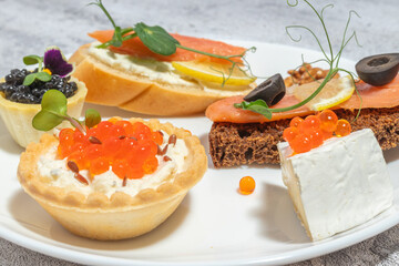 Assorted gourmet appetizers arranged on a white plate, featuring caviar, smoked salmon, cream cheese tartlets, and fresh garnishes.