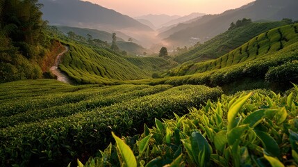 Fototapeta premium Sunlit tea plantation: emerald leaves, winding dirt path, and rolling green hills