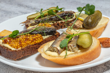 Assorted open-faced sandwiches with fish and pickles on a white plate, ready to serve on a textured background.