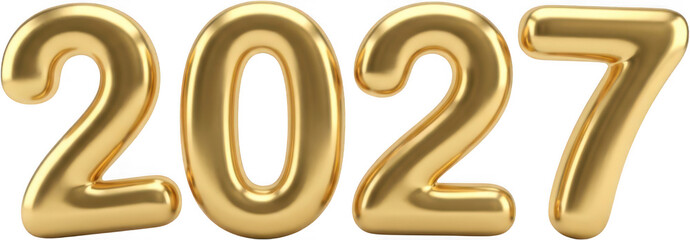 Shiny metallic gold inflated 3D numbers forming the year 2027 with glossy reflections and highlights representing future celebration and success golden numeral digit new year transparent background
