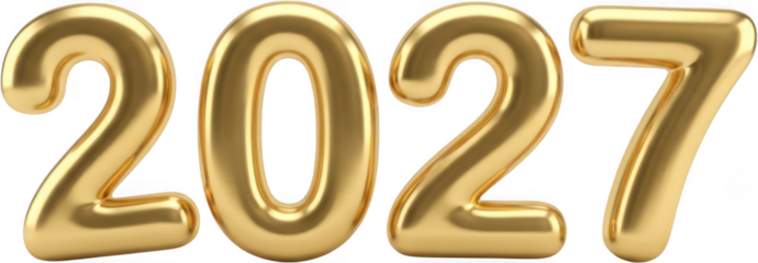Shiny metallic gold inflated 3D numbers forming the year 2027 with glossy reflections and highlights representing future celebration and success golden numeral digit new year transparent background