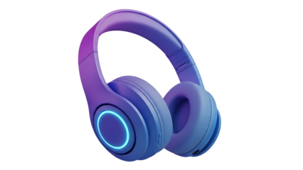 Purple headphones with blue light on checkerboard background