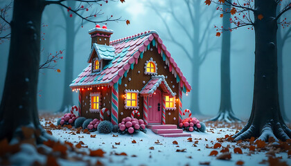 A whimsical snow-covered cabin with candy-colored roof and glowing windows sits among frosted trees, lanterns aglow, pinkish dusk light, whimsical fairytale mood, inviting and magical. 4K and HD