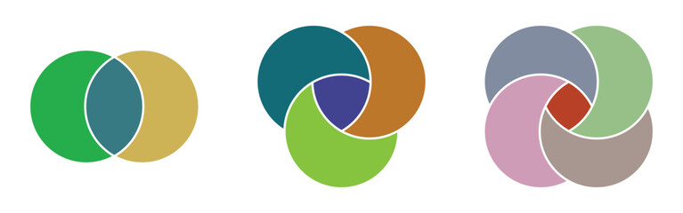 Marketing circle venn-diagram icons set on white page. Round infographic diagram icons. Modern isolated vector icons set on white background. EPS 10. 