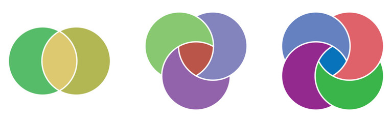 Marketing circle venn-diagram icons set on white page. Round infographic diagram icons. Modern isolated vector icons set on white background. EPS 10. 