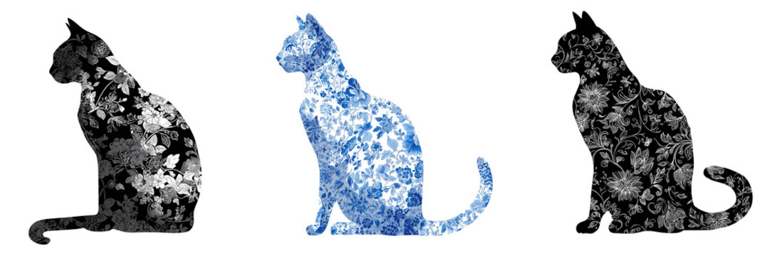 Set of three sitting cats in black and blue mosaic style with art Isolated on a transparent background.
